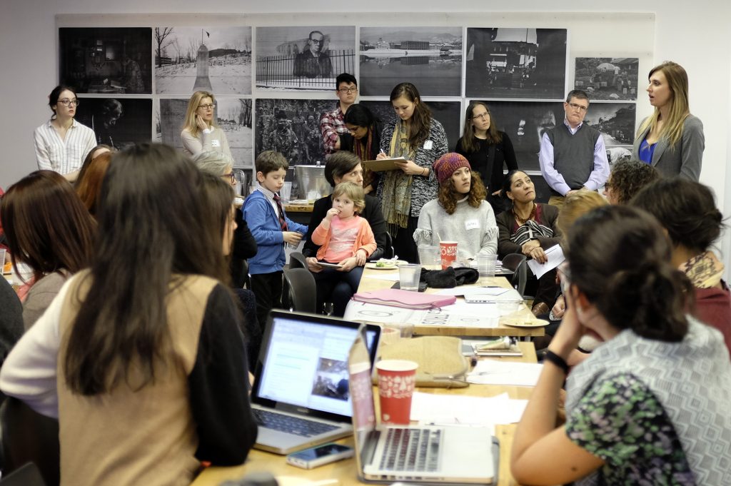 Co-founder of the Post-Conflict Research Center Leslie Woodward presents the concept for the Bosnian component of 'Transitions' during a collaborative partner meeting at ART WORKS Projects in Chicago. (Photo: Midhat Poturović)